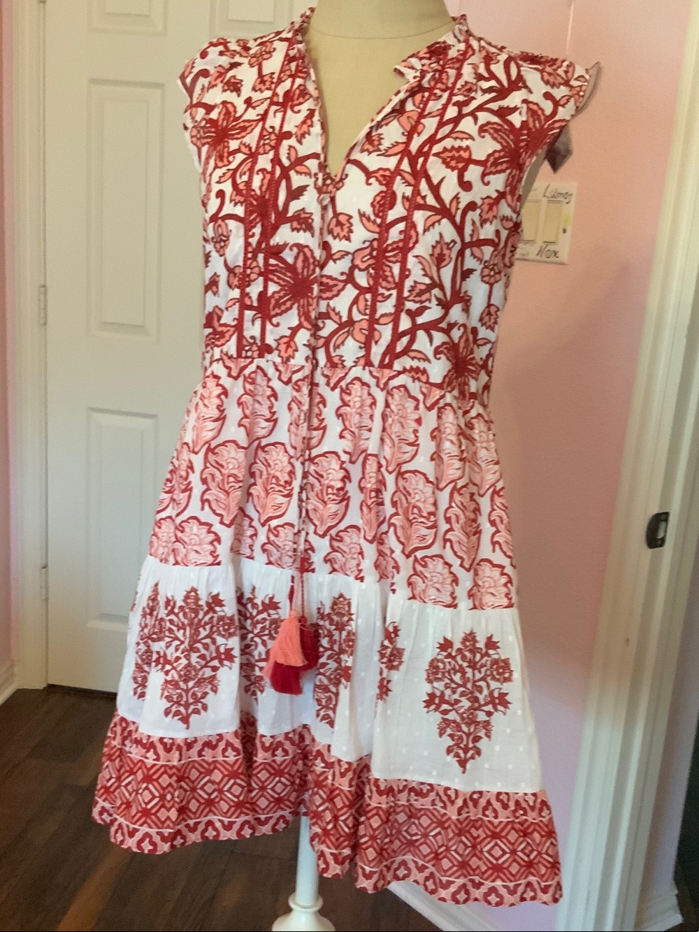 Red and White Printed Womens Tiered Dress, never worn